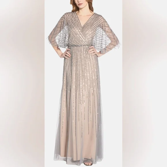 Adrianna Papell | Dresses | Adrianna Papell Beaded Kimonosleeve Gown Size 4  | Poshmark